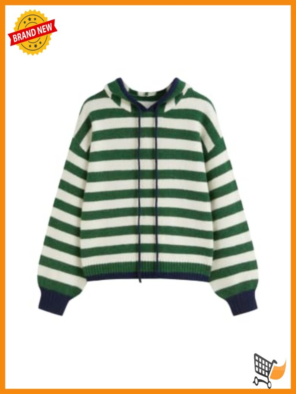Hooded Striped Knit Pullover Sweater Drawstring Relaxed Fit